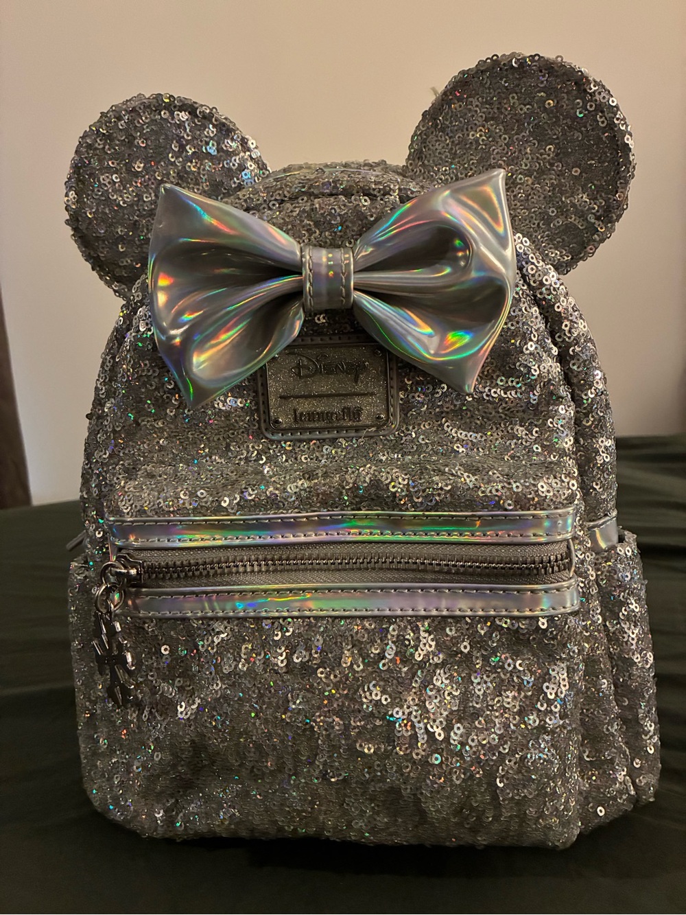 Disney Loungefly Silver Sequin Mini Backpack with Holographic Bow